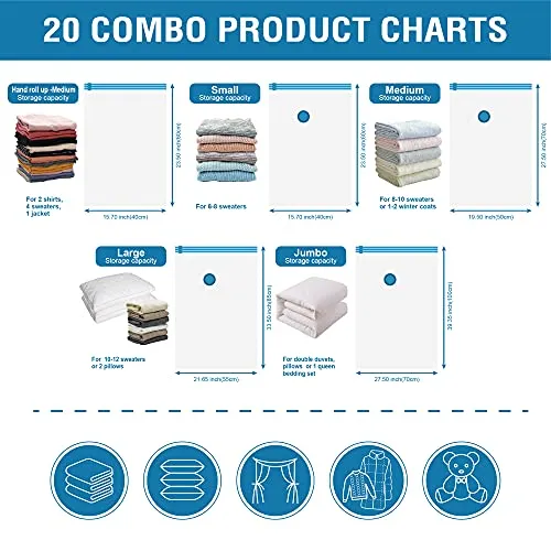 20 Pack Vacuum Storage Bags, Space Saver Bags (4 Jumbo/4 Large/4 Medium/4 Small/4 Roll) Compression for Comforters and Blankets, Sealer Clothes Storage, Hand Pump Included