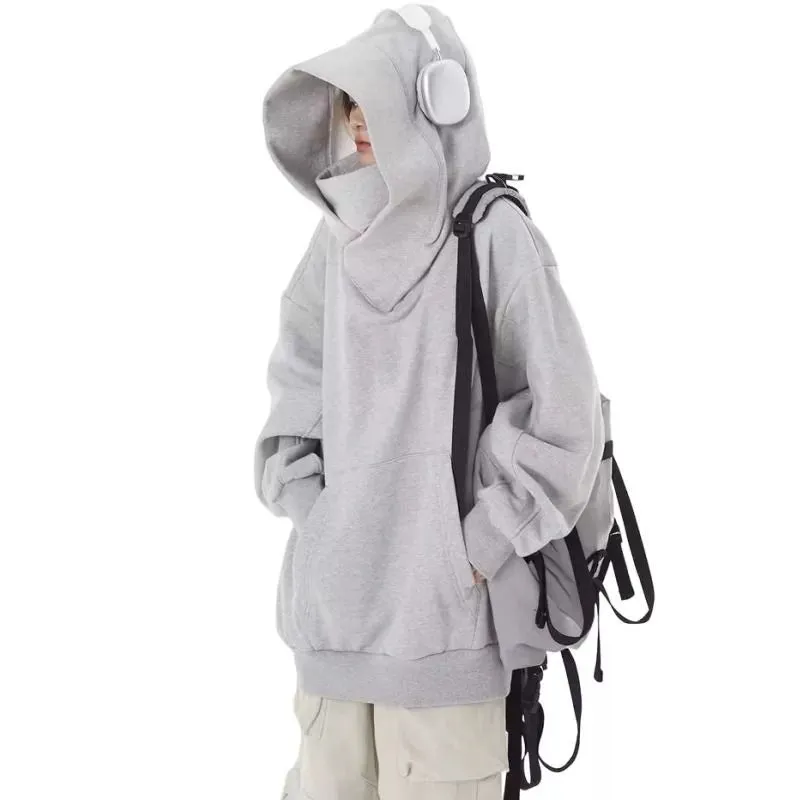 American High Street Mechanical Style Outwear Social Fear Turtleneck Hooded Sweatshirt Men and Women Loose Tops 2024 Hooded Thin