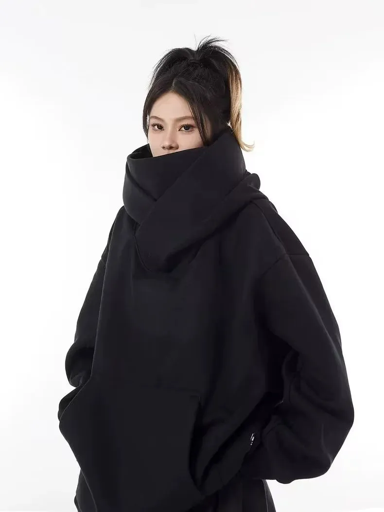 American High Street Mechanical Style Outwear Social Fear Turtleneck Hooded Sweatshirt Men and Women Loose Tops 2024 Hooded Thin
