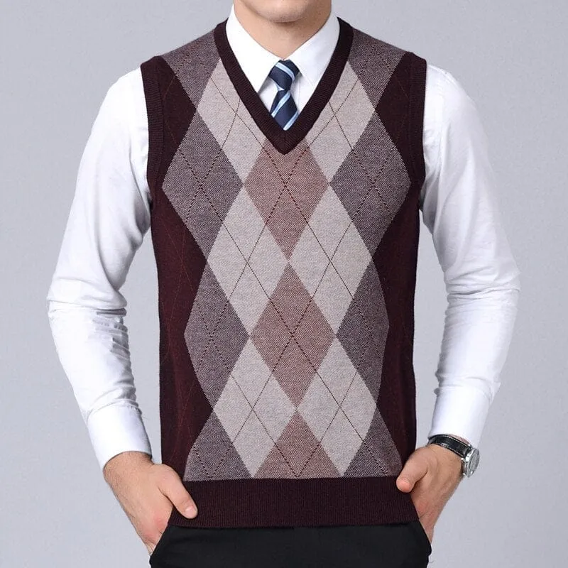 Brand Sweater For Men Pullovers plaid Slim Fit Jumpers Knitted Vest