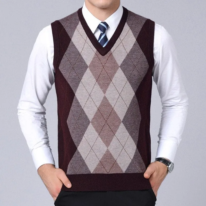 Brand Sweater For Men Pullovers plaid Slim Fit Jumpers Knitted Vest