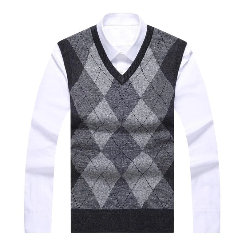 Brand Sweater For Men Pullovers plaid Slim Fit Jumpers Knitted Vest