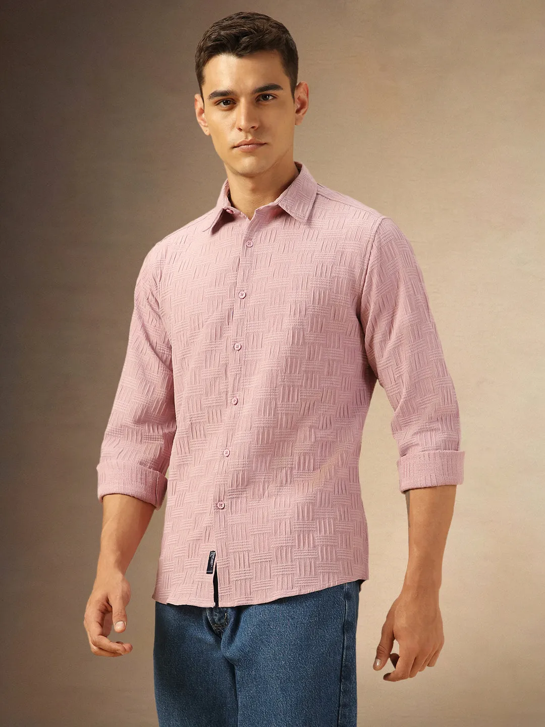 Men's DustyPink Textured Full Sleeves Spread collar casual Shirt
