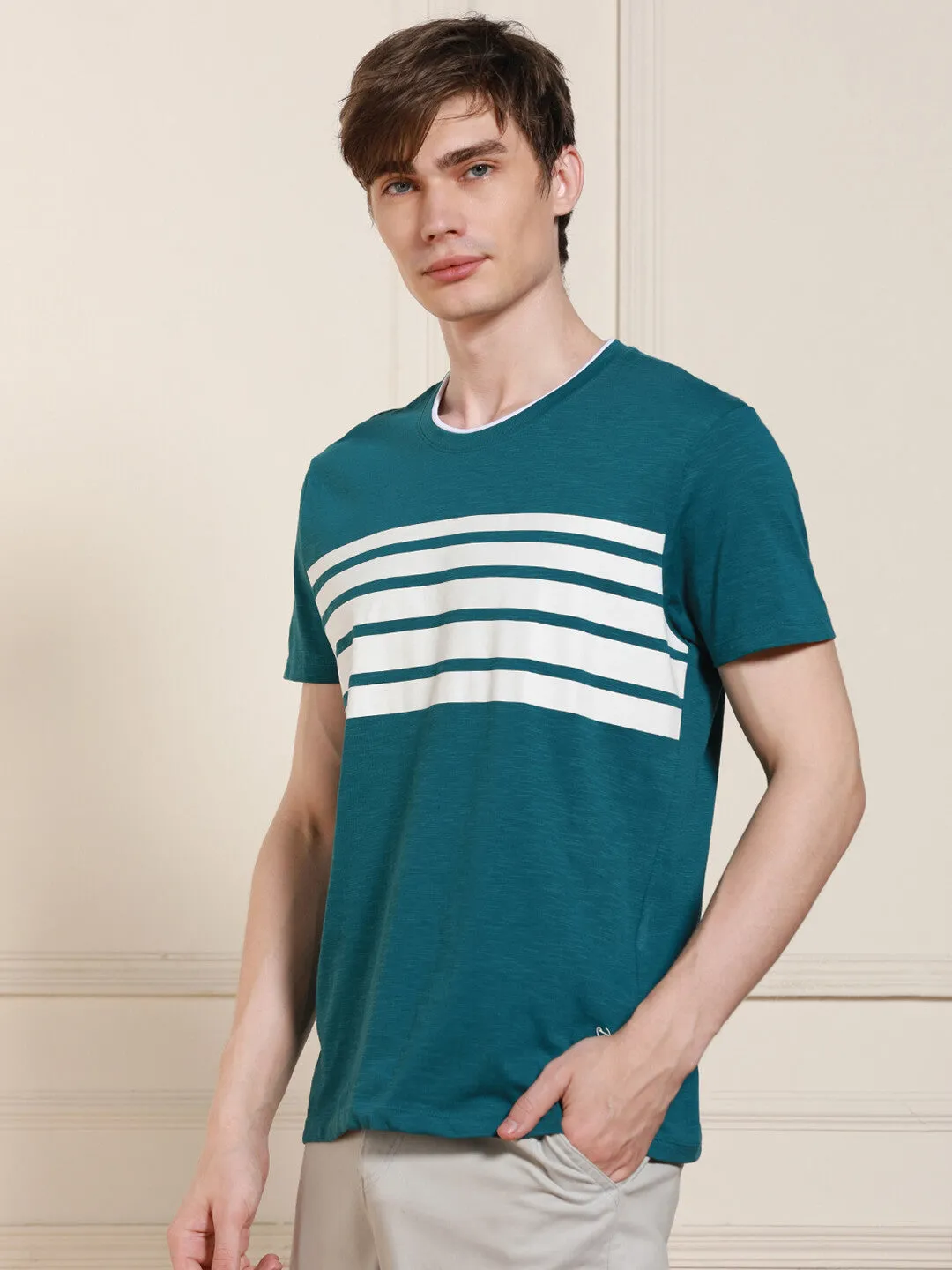 Men's Light Blue Striped Crew Neck Half Sleeves Casual T-Shirt