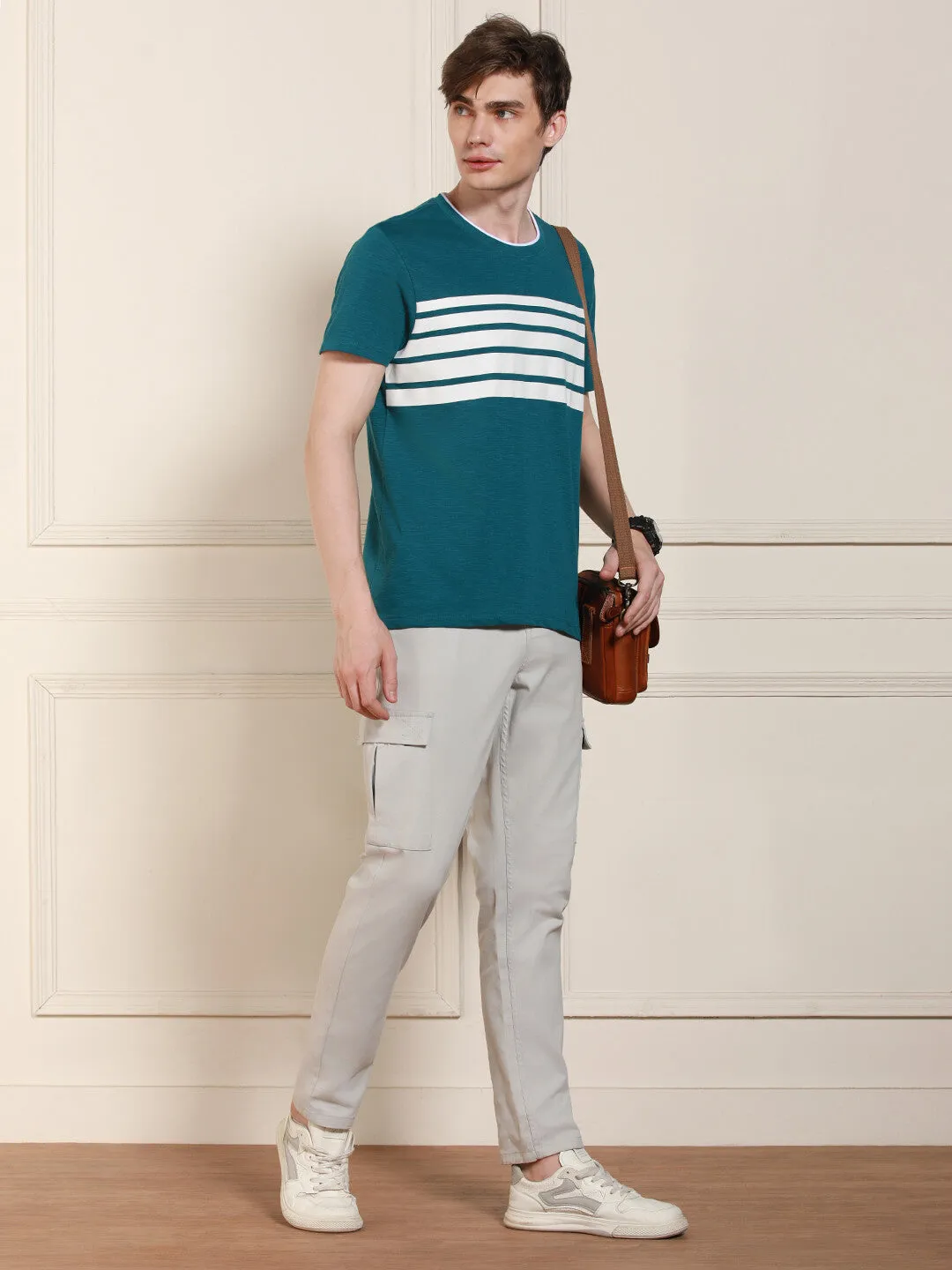 Men's Light Blue Striped Crew Neck Half Sleeves Casual T-Shirt