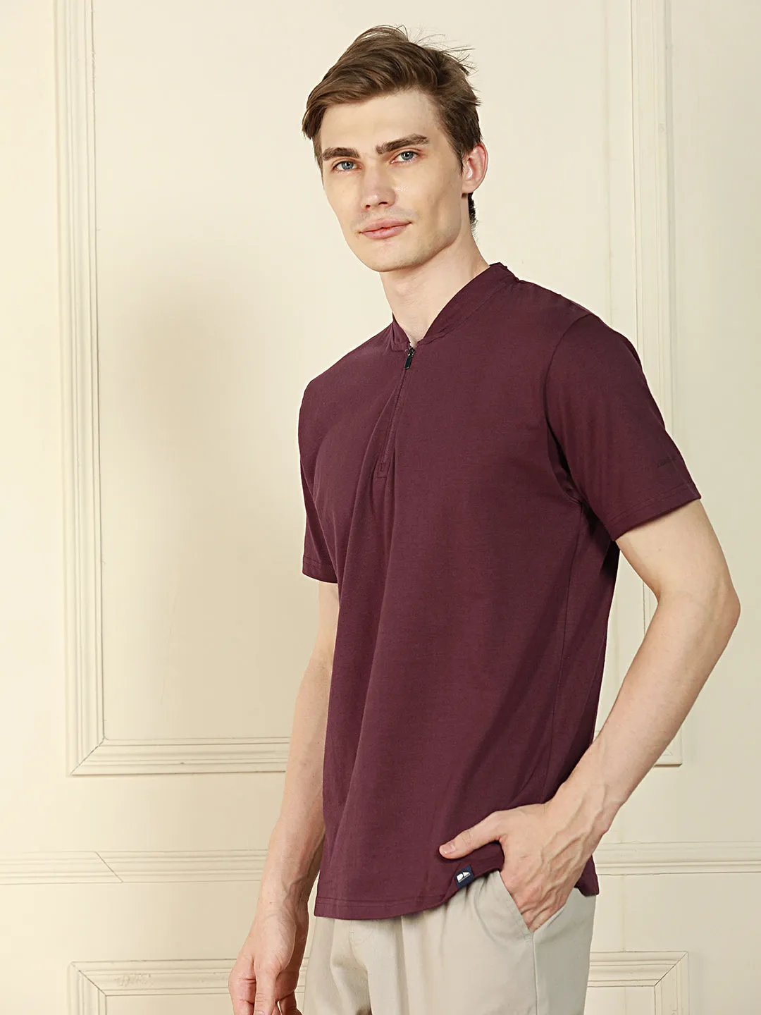 Men's Wine Henley Neck Solid Cotton T-Shirt