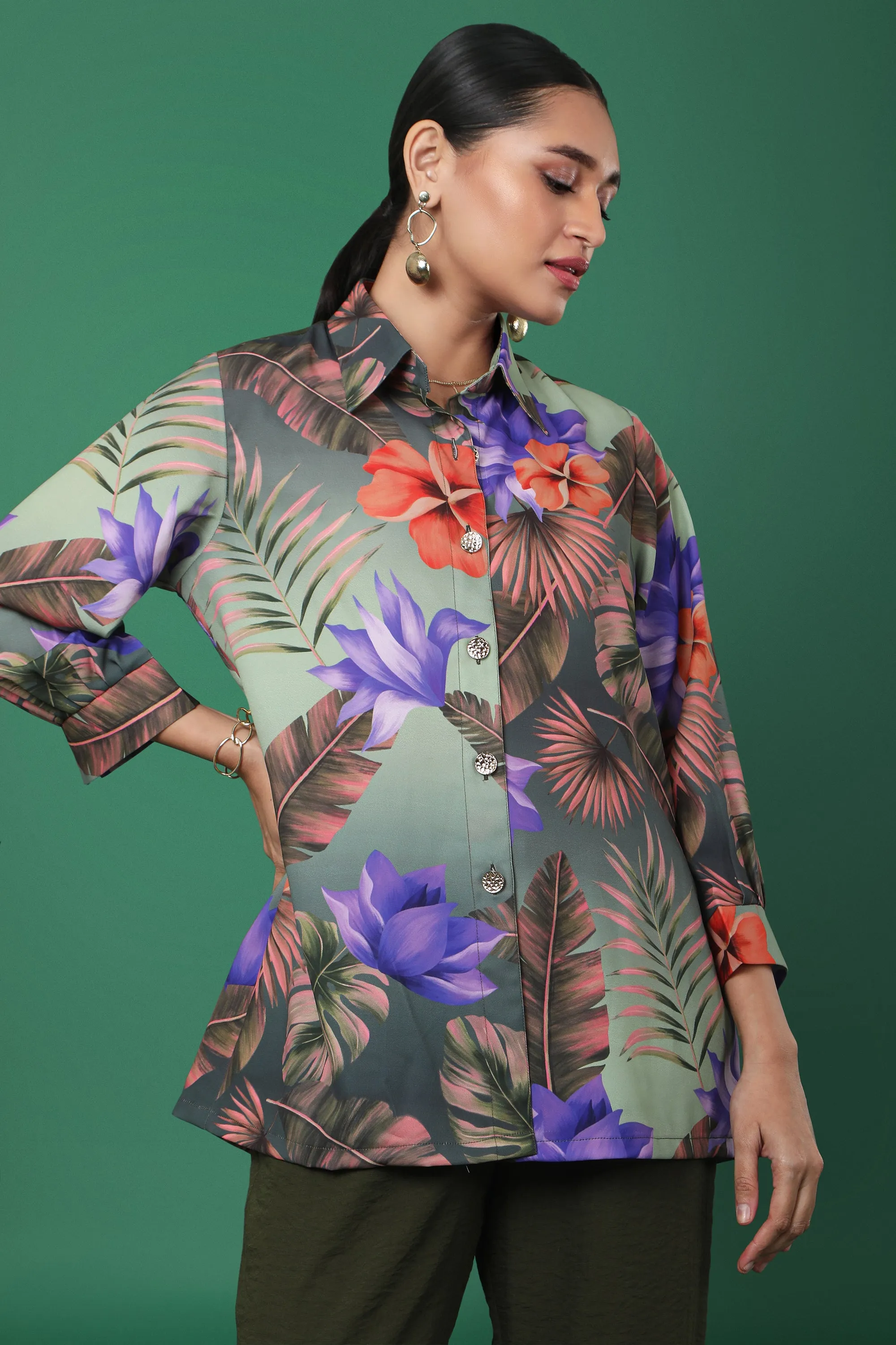 Olive Green Tropical Floral Print Shirt