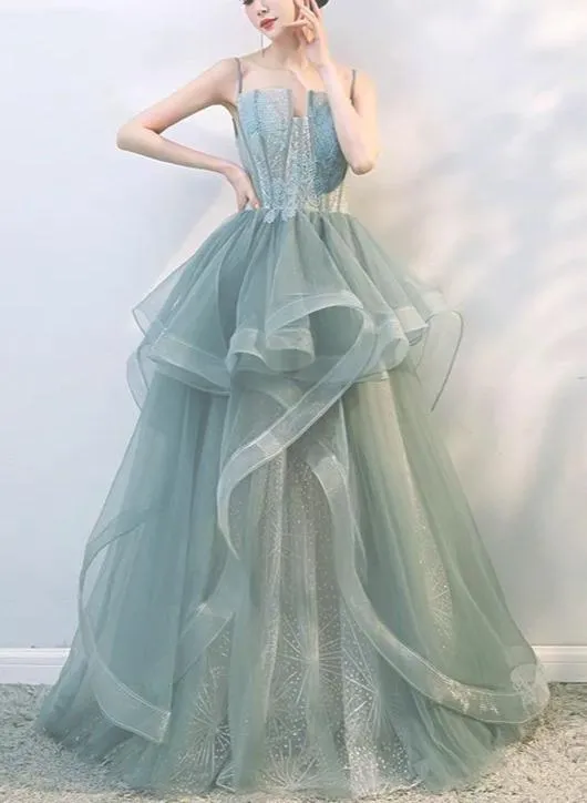 Spaghetti bodice fairytale dusty green ruffles prom dress