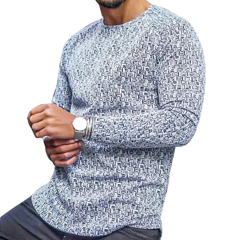 T-shirt Long Sleeve Slim Top Cotton Blend Stripe Plaid Print Male Pullover Sweater